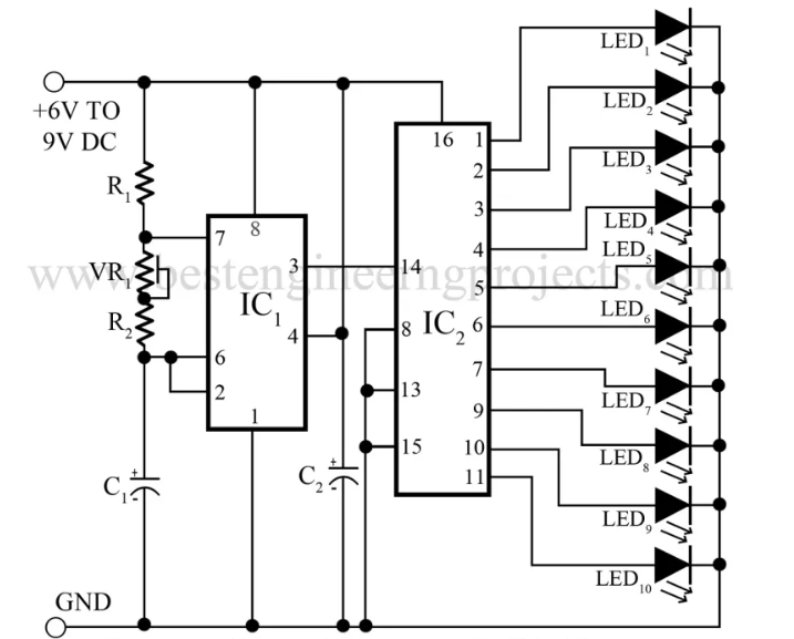 一个使用<b class='flag-5'>NE555</b>的LED追逐器电路图