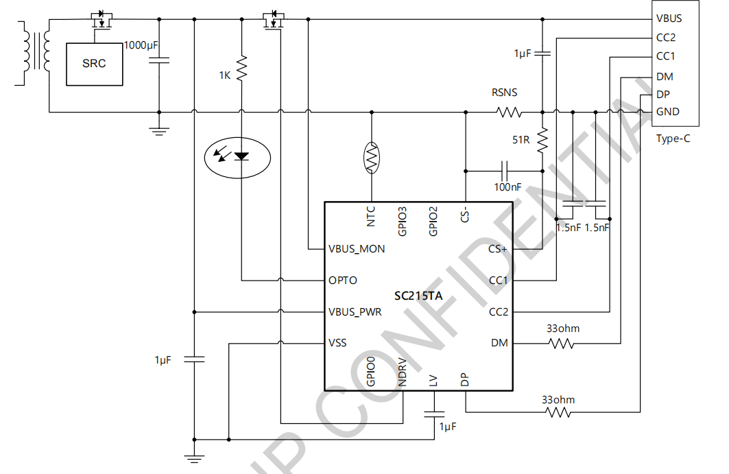 SC215TA是C型/ PD和DPDM快速充電控制器，集成了內(nèi)部反饋補(bǔ)償PD3.0快充