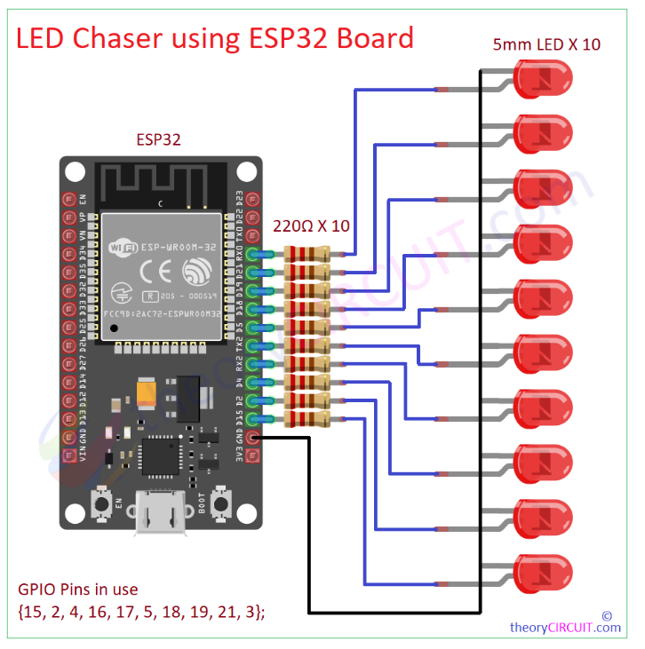 LED追逐器电路图 使用ESP32板的LED追逐器设计