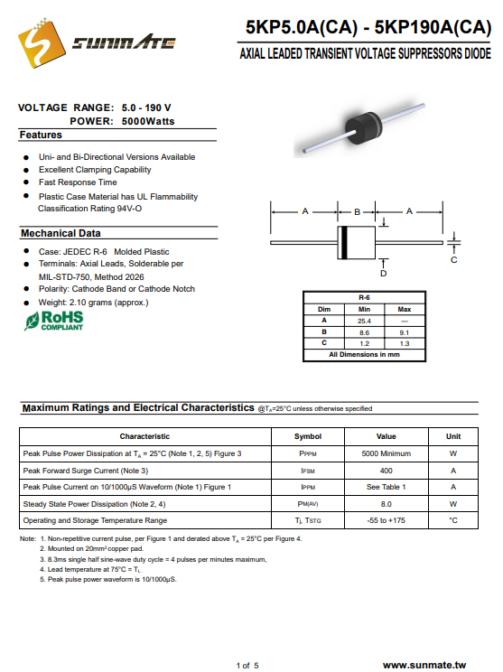 5KP8.0A<b class='flag-5'>二極管</b><b class='flag-5'>大功率</b>性能卓越電壓穩定適用于多種電路