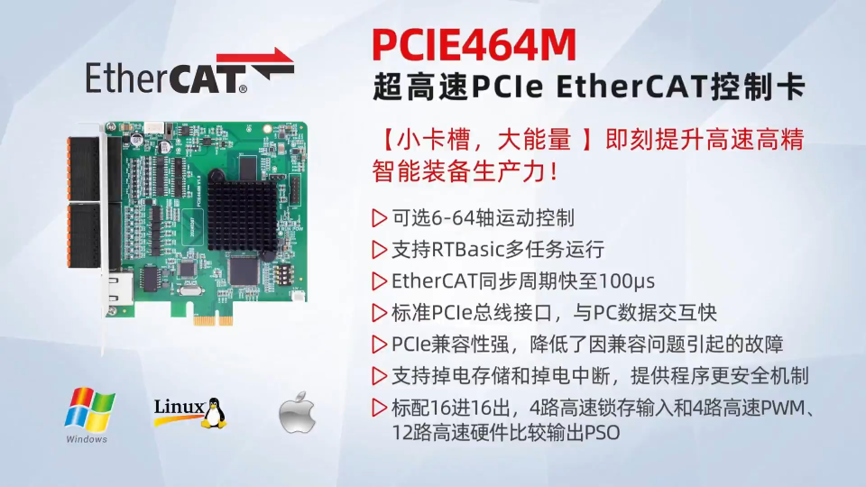 【小卡槽，大能量】超高速PCle EtherCAT控制卡PCIE464M，即刻提升高速高精智能装备生产力! 