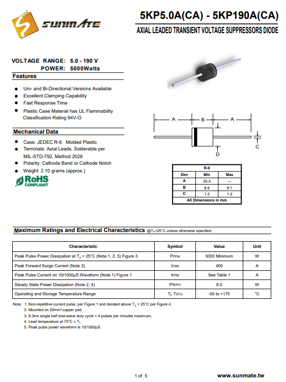 5KP15A瞬態抑制二極管5000W功率參數詳情