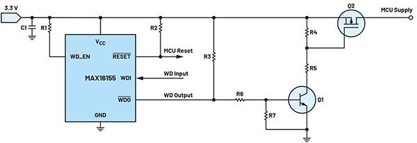 NPN 雙極結(jié)型晶體管 (Q1) 驅(qū)動 P 溝道 MOSFET (Q2) 的示意圖（點擊放大）