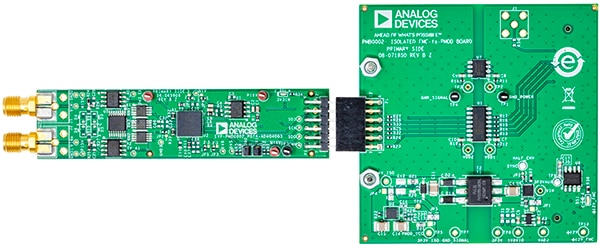 Analog Devices 的 ADSKPMB10-EV-FMCZ（左）和 PMOD 轉 FMC 轉接板（右）