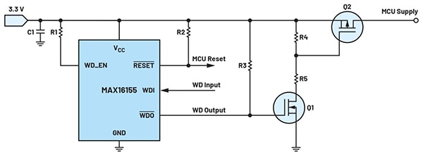 N 溝道 MOSFET (Q1) 驅(qū)動 P 溝道 MOSFET (Q2) 示意圖（點擊放大）