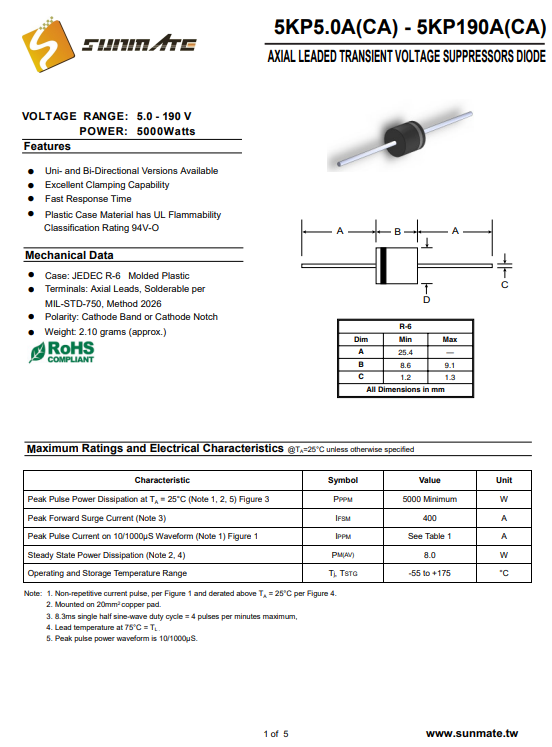 5KP20A<b class='flag-5'>瞬態(tài)</b><b class='flag-5'>抑制</b><b class='flag-5'>二極管</b>20伏電壓參數(shù)詳情