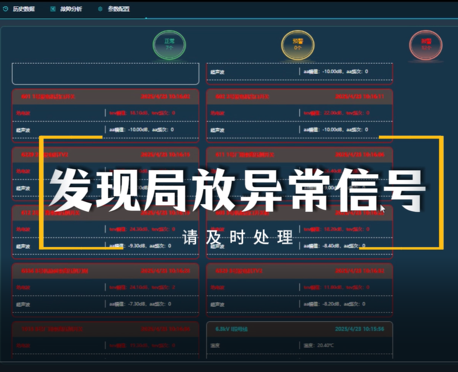 警報(bào)！發(fā)現(xiàn)局放異常信號(hào)，請(qǐng)及時(shí)處理。公眾智能局放在線監(jiān)測(cè)系統(tǒng)，為電力設(shè)備運(yùn)行安全保駕護(hù)航。
 #物聯(lián)網(wǎng) 