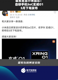 雷軍官宣小米造芯:自研手機SoC玄戒01 5月下旬發布