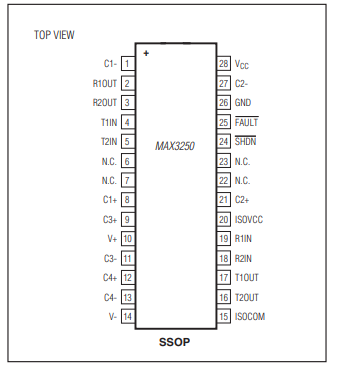 MAX3250 ±50V隔離、3.0V至5.5V供電、250kbps、2 Tx/2 Rx、RS-232收發器技術手冊