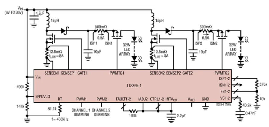 Analog Devices Inc. LT8355-1雙LED控制器帶可擴展調光功能數(shù)據(jù)手冊