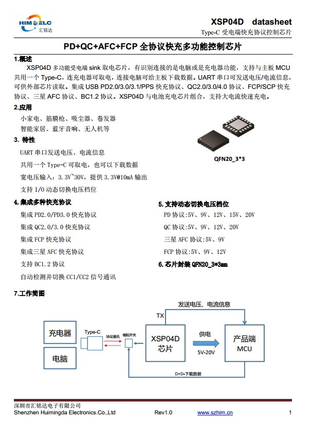 PD快充協議芯片 支持多種快充協議+串口讀取充電器功率信息+與主板共用一個Type-C與電腦傳輸數據