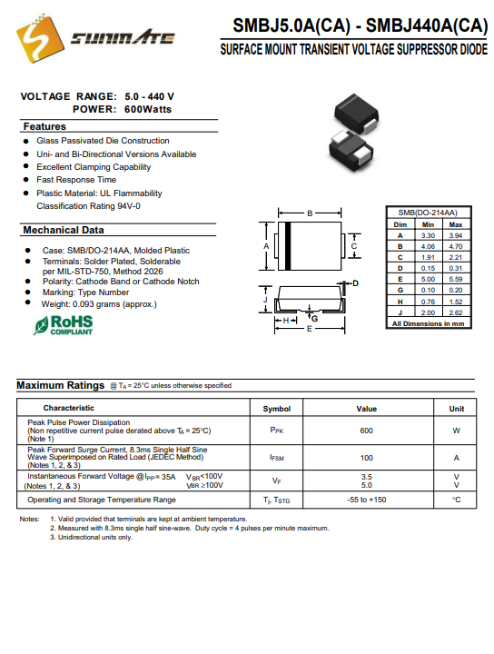 SMBJ5.0A單向TVS瞬態(tài)抑制二極管：5V反向工作電壓 600W 峰值功率低壓電路瞬態(tài)防護核心