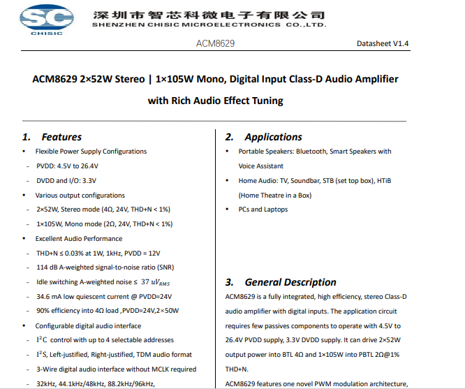 ACM8629-<b class='flag-5'>數(shù)字信號</b>輸入，2×52W Stereo｜1×105W Mono功放
