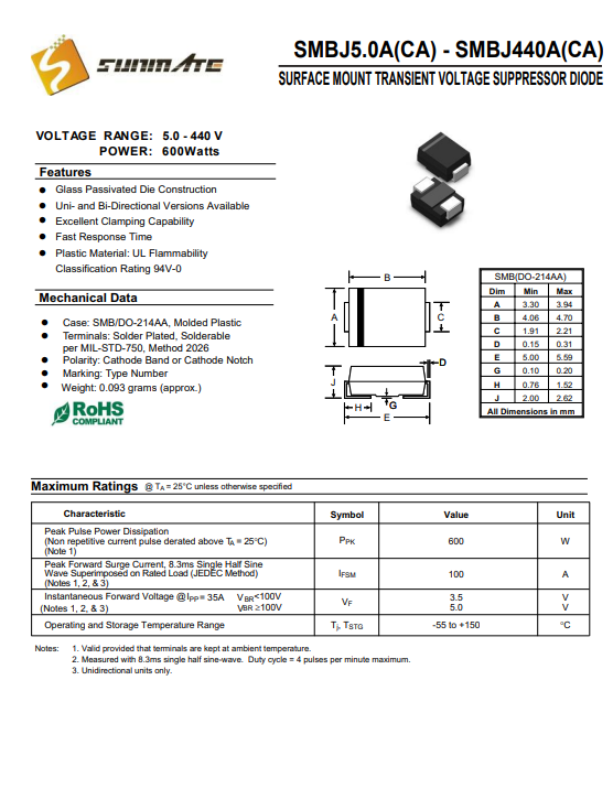 SMBJ440A單向 <b class='flag-5'>TVS</b>瞬態(tài)抑制<b class='flag-5'>二極管</b>：440V電壓 600W<b class='flag-5'>浪涌</b>高壓電路<b class='flag-5'>防護(hù)</b>核心
