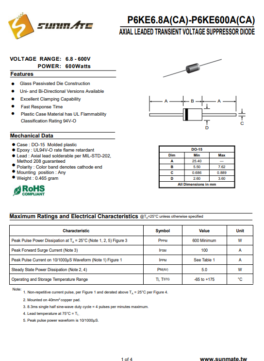 P<b class='flag-5'>6KE7.5A</b>單向 TVS<b class='flag-5'>瞬態(tài)</b><b class='flag-5'>抑制</b><b class='flag-5'>二極管</b>：600<b class='flag-5'>W</b><b class='flag-5'>功率</b>DO-15<b class='flag-5'>封裝</b>參數(shù)規(guī)格介紹