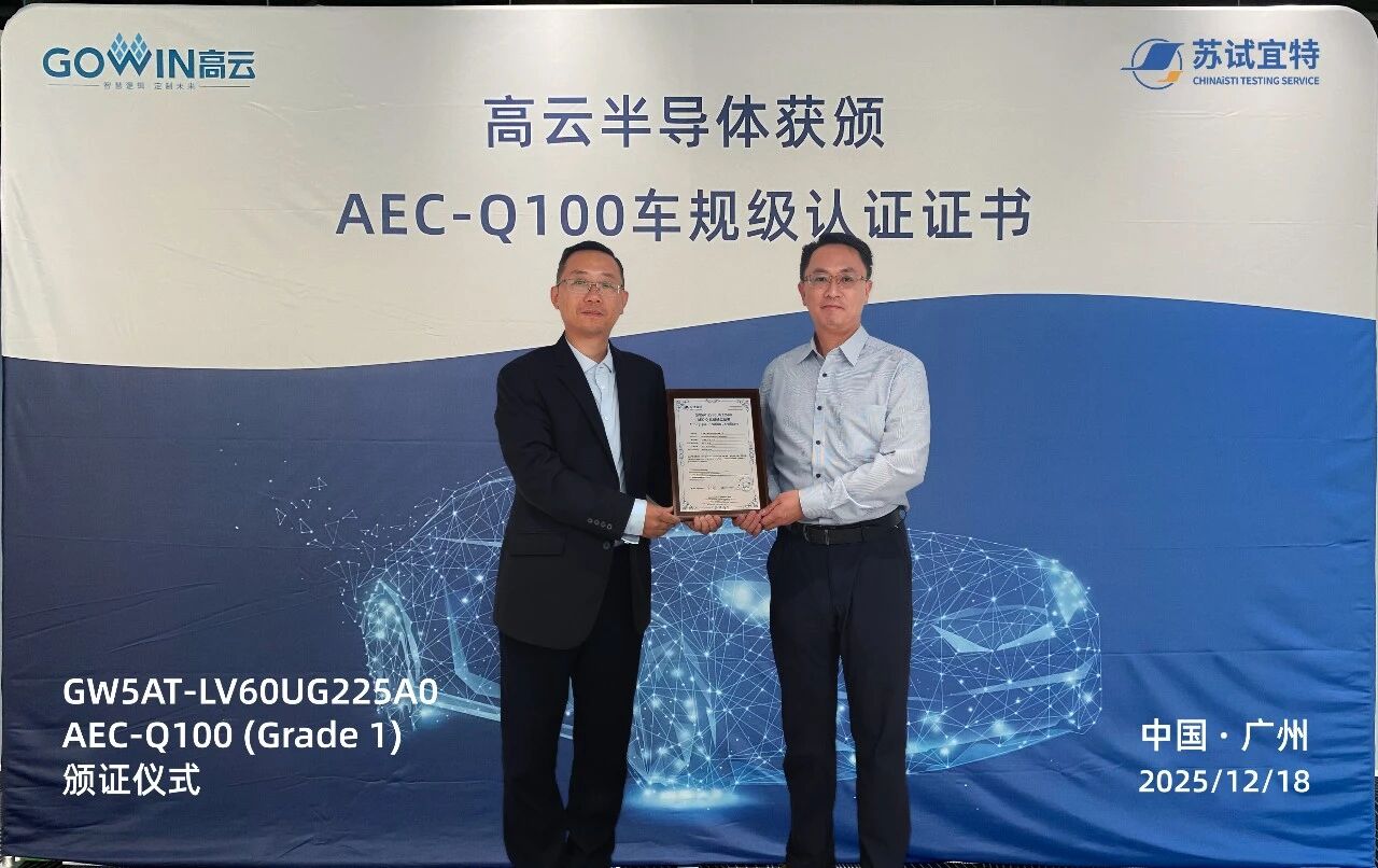 高云半导体车规级FPGA产品GW5AT-LV60UG225A0通过AEC-Q100 Grade 1认证