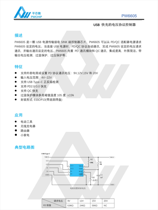PW6605 PD3.1/QC3.0快充接收芯片 5-20V電壓請求 集成協(xié)議通訊 SOP-8封裝