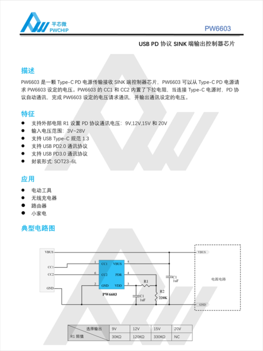 PW6603 Type-C PD協(xié)議控制器 SINK端電壓請求 電動工具快充 SOT23-6封裝