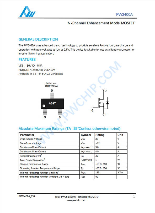 PW3400A N溝道MOSFET 30V/5.8A 低導通電阻28mΩ SOT23-3L封裝 電池保護專用
