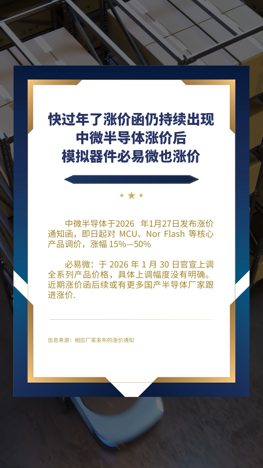臨過年漲價函仍持續(xù)出現(xiàn)，中微半導體漲價后模擬器件必易微也漲。