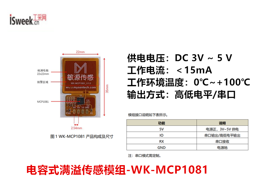 響應(yīng)快、穿透性強，可穿透5mm壁厚容器的電容式滿溢傳感模組-WK-MCP1081