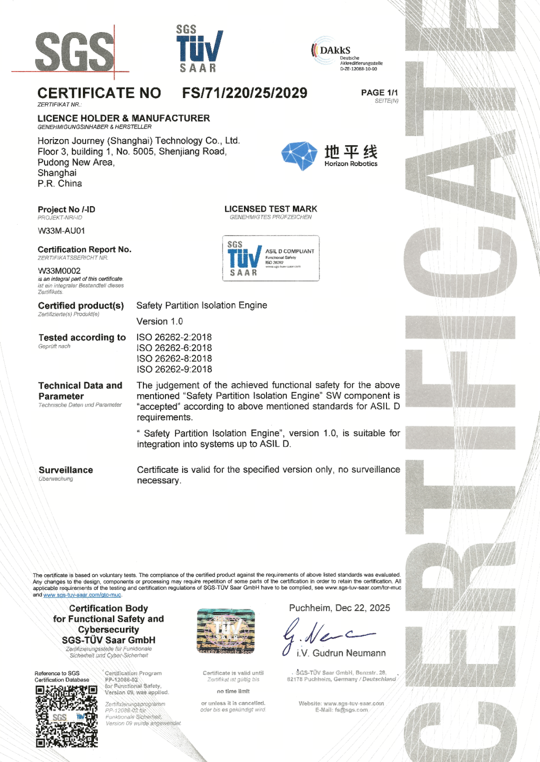 地平线智驾安全基座荣获SGS ISO 26262功能安全产品证书