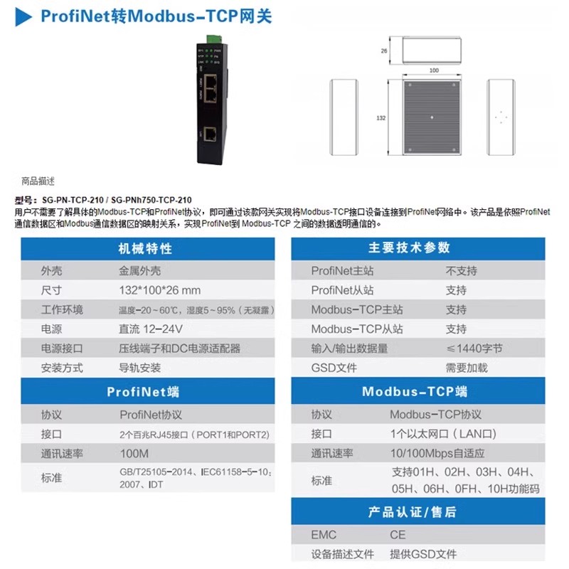 ProfiNet 轉(zhuǎn) Modbus-TCP 網(wǎng)關(guān)（SG-PNh750-TCP-210）功能優(yōu)勢(shì)與常見應(yīng)用場(chǎng)景