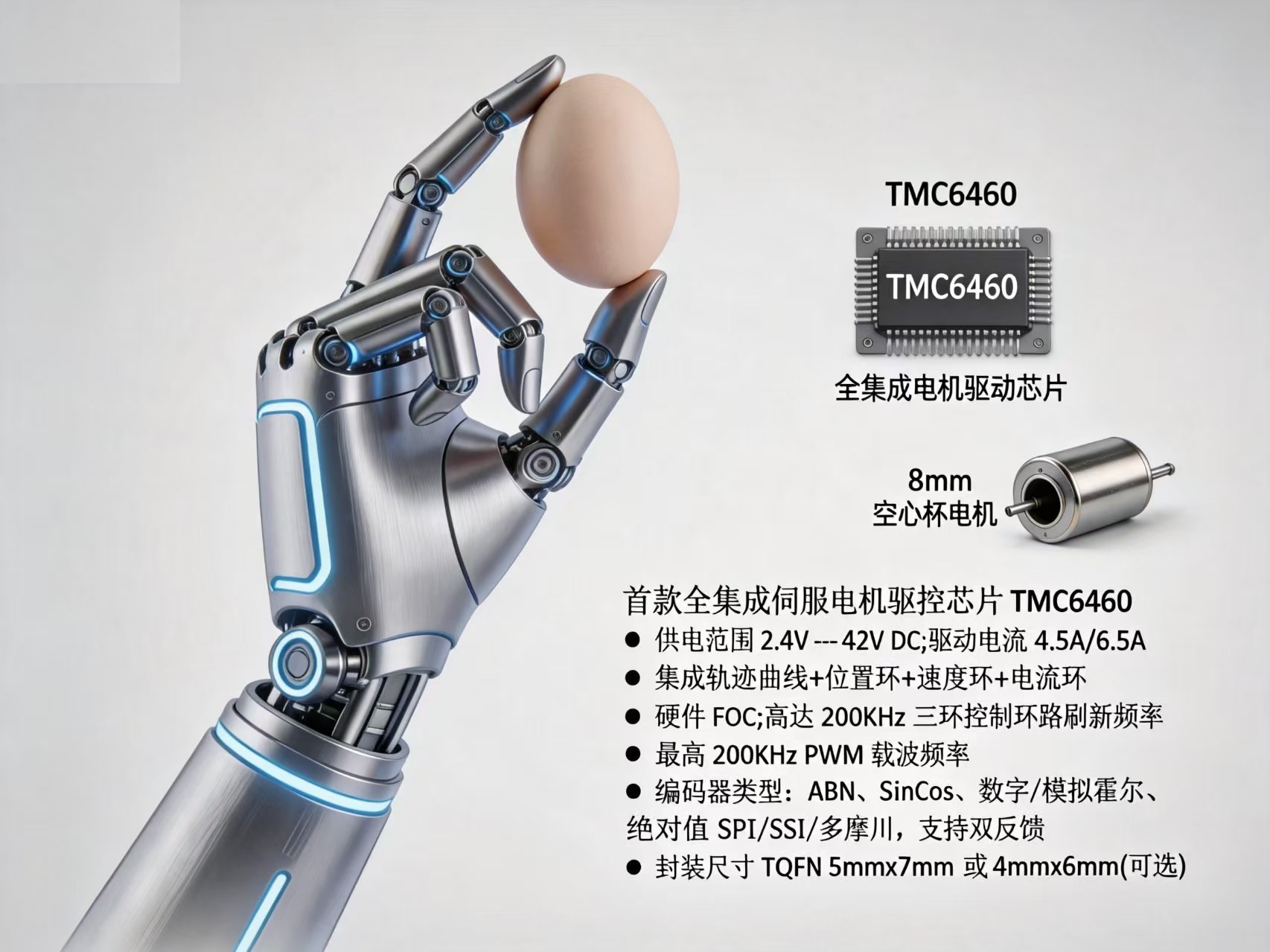 TMC6460全集成硬件FOC伺服驱控芯片-助力微型低电感电机精密控制# 灵巧手电机驱动#低电感电机驱动# 