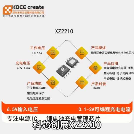 XZ2210充电电压4.2V ,4.35V  充电电流0.1A-2.0A可编程,降压同步开关型单节锂电池充电管