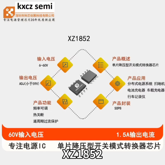 XZ1852输入电压6-60V,输出电压ADJ（小于59V），输出电流1.5A，单片降压型开关模式转换器