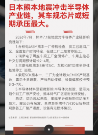 日本熊本地震冲击半导体产业链，其车规芯片或短期承压最大。