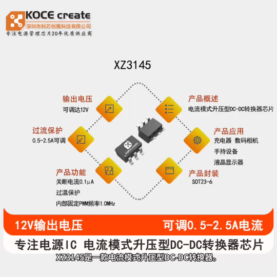 XZ3145  可调输出高达12V  内部固定PWM频率1.0MHz电流模式升压型DC-DC转换器芯片