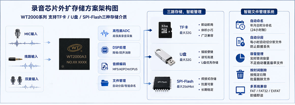 录音芯片如何外扩TF卡/U盘？WT2000系列最大32G存储方案全解析