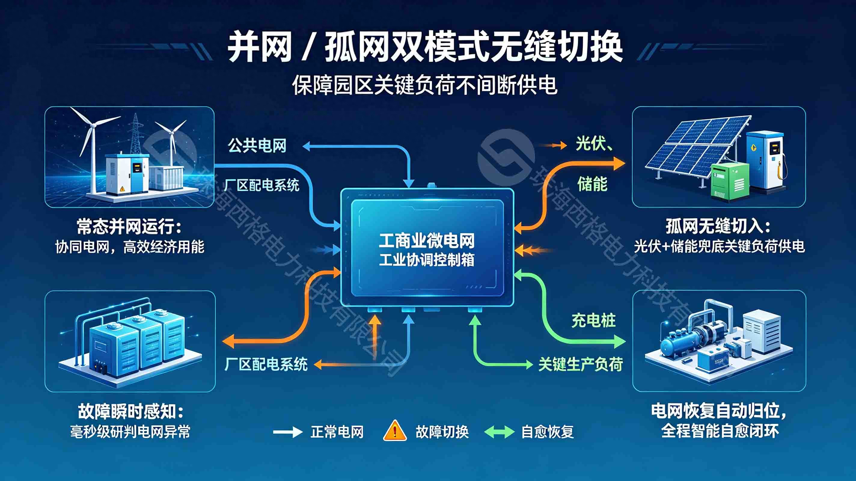并网 / 孤网双模式无缝切换，保障园区关键负荷不间断供电