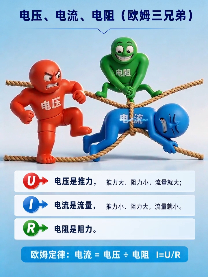 电压推着电流跑，电压越大，推力就越强，电阻从中阻拦，拖住电流，I=U/R，欧姆定律就这么简单！