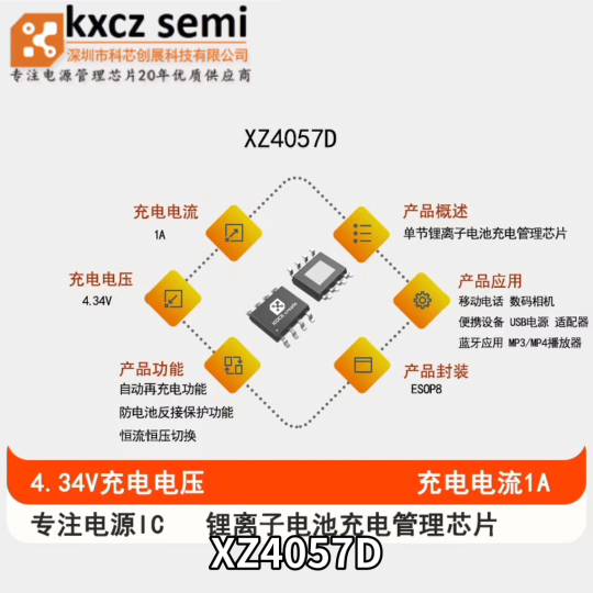 XZ4057D充电电压4.34V,充电电流1A，单节锂离子电池恒压恒流充电管理芯片
