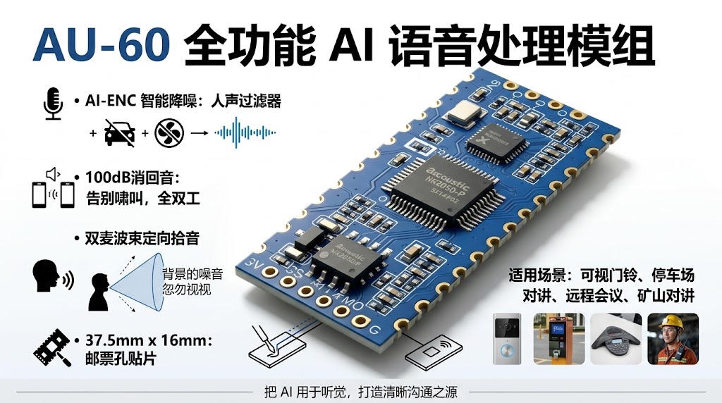 AU-60语音处理模组AI降噪消回音双麦波束拾音多接口语音模块# AI降噪# 回音消除# 语音模组# 硬件开发
