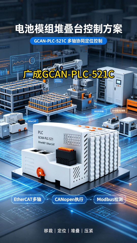 广成GCAN‑PLC‑521C实战,电池模组堆叠台控制方案